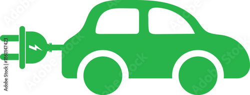 Electric Car Charging Symbols. Green EV sedan icon. Charger plug and cable graphic design. Sustainable mobility and clean energy signs