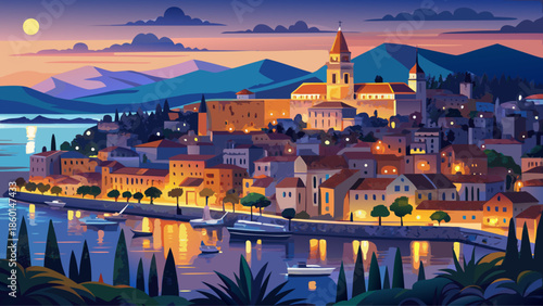 Very beautiful nighttime panorama of Split city in Croatia, showcasing the illuminated Adriatic coastline and historic architecture along the sea under a dramatic evening sky.