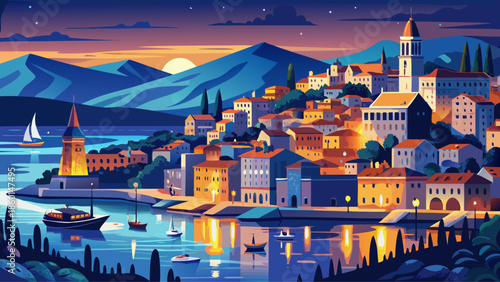 Very beautiful nighttime panorama of Split city in Croatia, showcasing the illuminated Adriatic coastline and historic architecture along the sea under a dramatic evening sky.