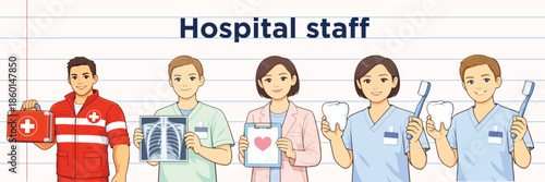 Hospital staff character vector illustration, emergency staff, radiologist, physiotherapist, and dentist.