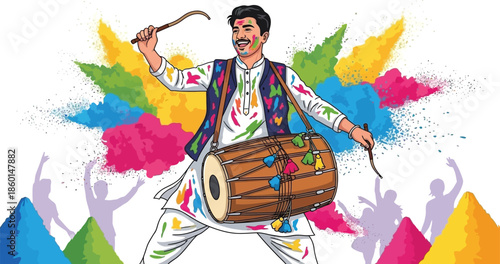 Man joyfully celebrating holi festival with dhol drum and colorful powder splashes