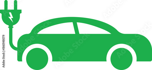 Electric Car Charging Symbols. Green EV sedan icon. Charger plug and cable graphic design. Sustainable mobility and clean energy signs