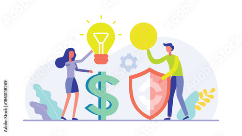 Business people securing finances with shield and lightbulb idea