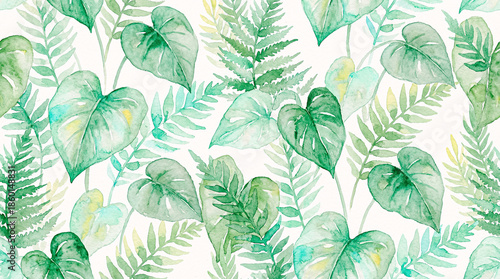 Hand-painted watercolor tropical leaves illustration, lush green heart-shaped leaves, overlapping foliage, botanical watercolor style