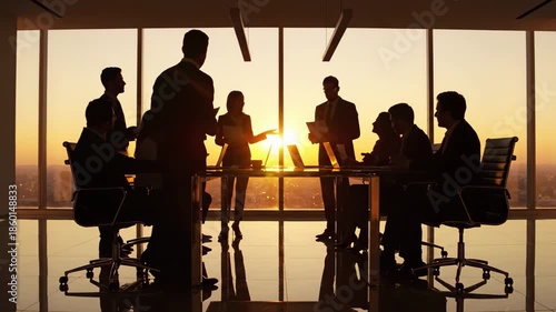 Silhouette of business team meeting in highrise office during sunset, 4k high quality