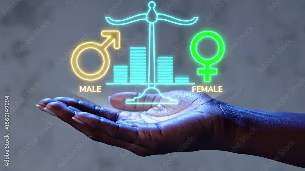 Neon gender equality scale held in hand, balancing male and female ...