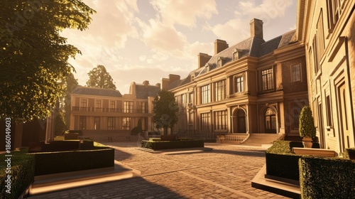 Majestic Estate: A Sunlit Courtyard of Architectural Grandeur