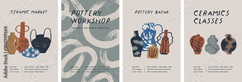 Ceramics, ad card designs set. Modern trendy style pottery, ceramic vases, earthenware, crockery on craft class poster templates, advertising placards, promotion flyers. Flat vector illustration