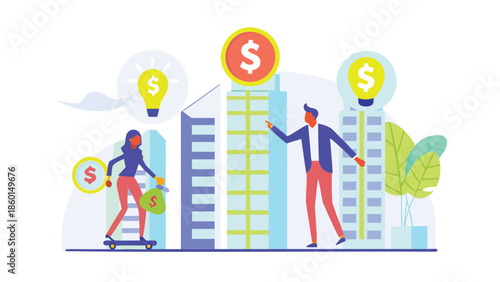 Business people generating ideas in modern city setting with financial symbols