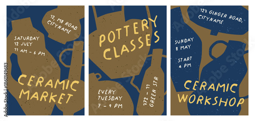 Ceramic craft, card designs set. Ceramics market, school and workshop, flyer and placard templates with lettering typography, handmade pottery pattern in modern trendy style. Flat vector illustration