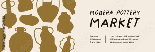 Modern pottery and ceramics craft, promotion banner design. Hand-drawn ceramic vases, handmade earthenware on trendy style ad background for market sale advertising, promo. Flat vector illustration