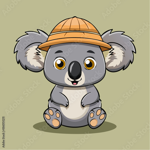 Cartoon koala wearing a pith helmet, sitting with paws together, on a light green background.