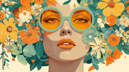 Vibrant digital illustration of a woman with orange sunglasses and floral hair made of colorful flowers and leaves in modern artistic style