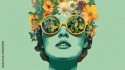 Vibrant digital illustration of a woman with orange sunglasses and floral hair made of colorful flowers and leaves in modern artistic style