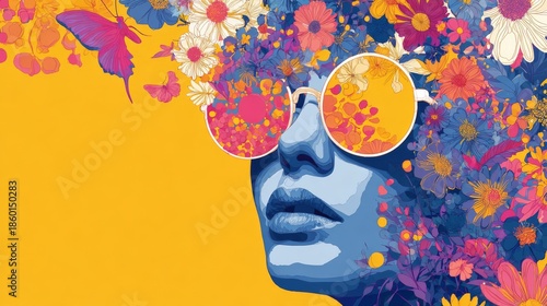 Vibrant digital illustration of a woman with orange sunglasses and floral hair made of colorful flowers and leaves in modern artistic style