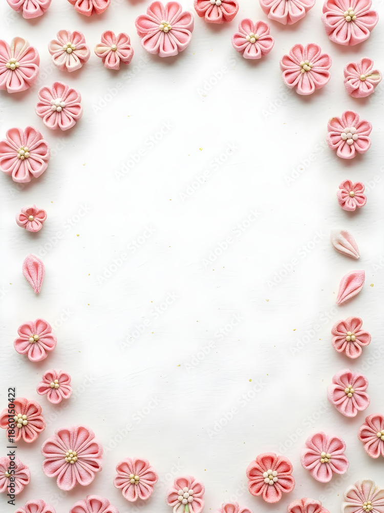 Obraz premium Delicate Pink Sakura Flowers Arranged in a Circular Frame on a White Background, Celebrating Spring