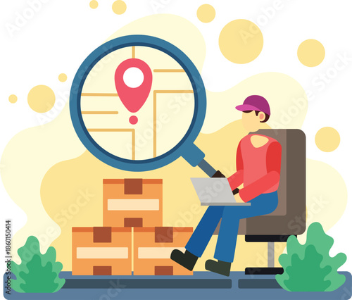 Man tracking parcel location using digital map illustration