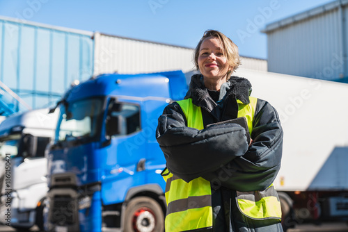 Canvastavla Confident woman working as a professional truck driver near semi trucks, showcas