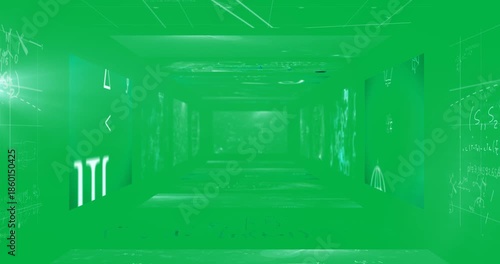 Animation of a blue hallway with scientific formulas on the walls, ceiling and floor