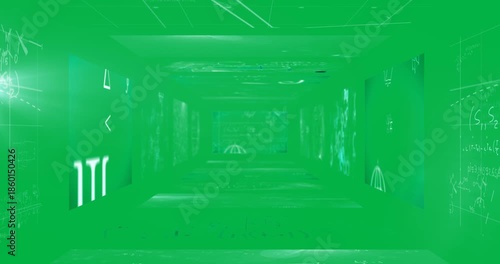 Animation of a blue hallway with scientific formulas on the walls, ceiling and floor