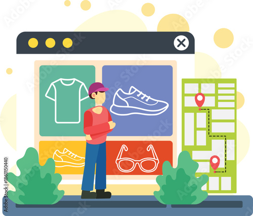 Online shopping shipping with tracking map illustration