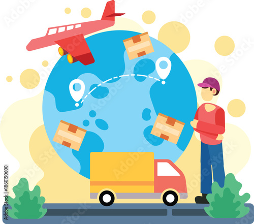 Global logistics delivery across world destinations illustration