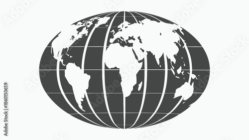 Dark gray globe with white continents and grid lines on white background