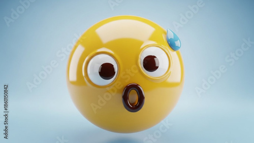 A surprised yellow emoticon face with a blue tear drop on its head on a light blue background