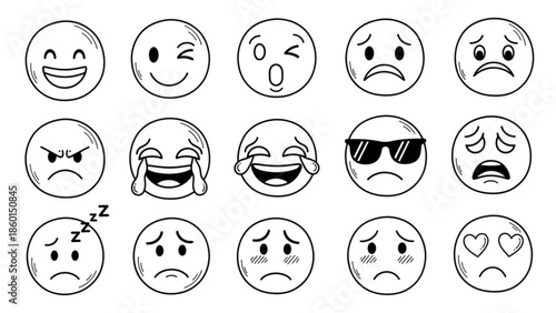 A set of various emoticon faces with different expressions and emotions