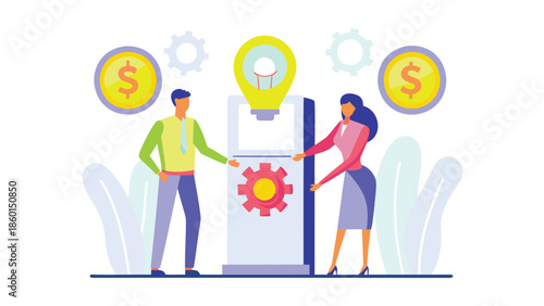 Business team collaborating on innovative ideas with gear and lightbulb