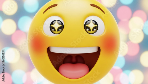 A cheerful emoji with a wide grin and rosy cheeks on colorful bokeh background