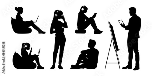 Silhouettes of people working on laptops and tablets isolated on white background, illustration
