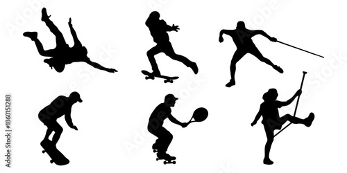 Silhouettes of athletes in action isolated on white background, illustration
