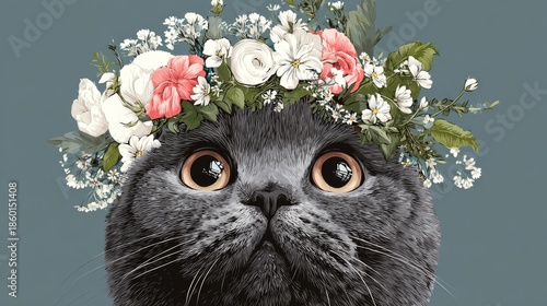 Stylized black cat portrait with expressive yellow-green eyes and vibrant floral crown on light beige background, artistic and whimsical
