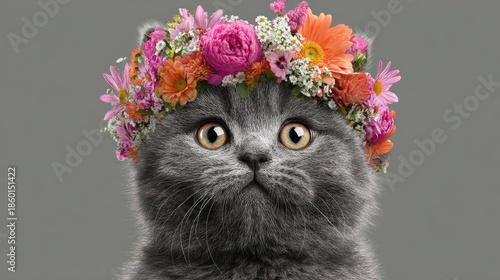 Stylized black cat portrait with expressive yellow-green eyes and vibrant floral crown on light beige background, artistic and whimsical