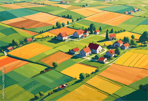 a rural village surrounded by a geometric patchwork of green, and orange agricultural fields, featuring white houses with red roofs and scattered trees, creating an organized countryside map view
