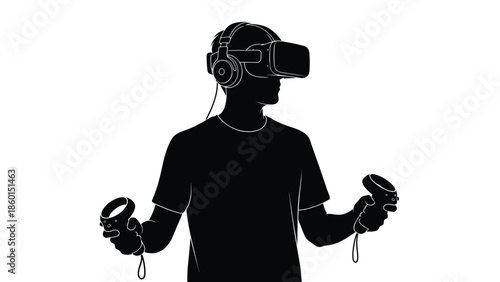 Silhouette of a person wearing a virtual reality headset and holding motion controllers for an immersive digital experience in a stark black and white graphic style