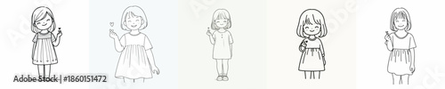 vector line art of little girl standing hand gesture forming love symbol