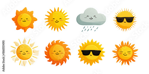 Set of diverse cute cartoon sun characters with various expressions and styles