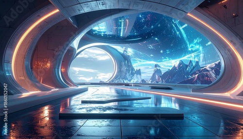 Futuristic Sci fi Interior with Earth View and Mountains