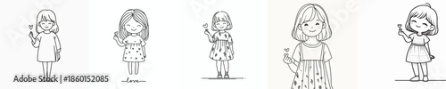 vector line art of little girl standing hand gesture forming love symbol