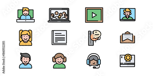 Illustrated icons of remote work and online collaboration isolated on white background, illustration