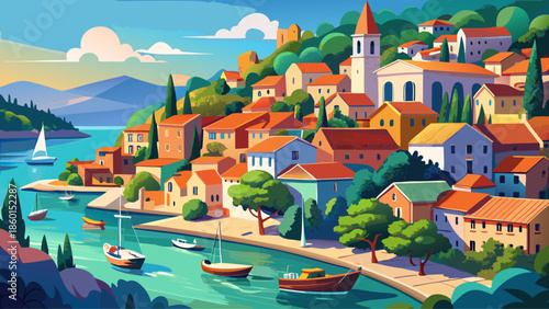 Very beautiful scenic view of Veli Lošinj village in Croatia, featuring colorful coastal houses, calm blue waters, and a peaceful Mediterranean atmosphere on a sunny day.