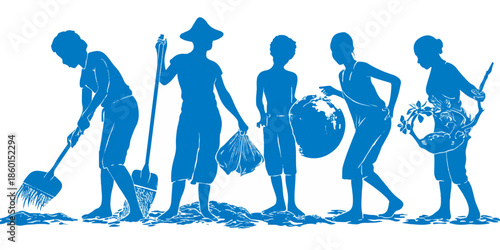 Silhouettes of people engaged in environmental activities isolated on white background, illustration