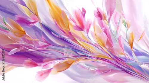 Vibrant Abstract Digital Floral Composition with Flowing Translucent Petals in Pink, Purple, Orange and Yellow Tones on White Background