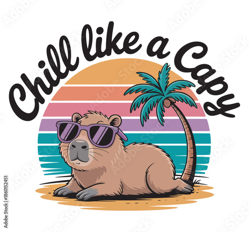 Chill like a capy retro sunset capybara wearing sunglasses summer vacation vector