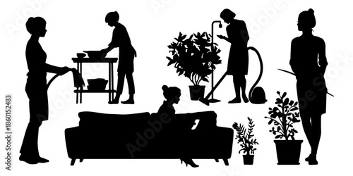 Silhouettes of people engaging in indoor activities isolated on white background, illustration