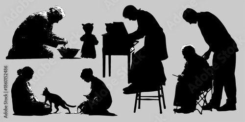 Silhouettes of elderly people with pets isolated on white background, illustration