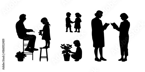 Family gardening silhouettes - parent and children planting isolated on white background, illustration