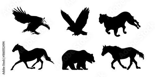 Wildlife silhouettes collection: eagle, hawk, tiger, horse, bear isolated on white background, illustration